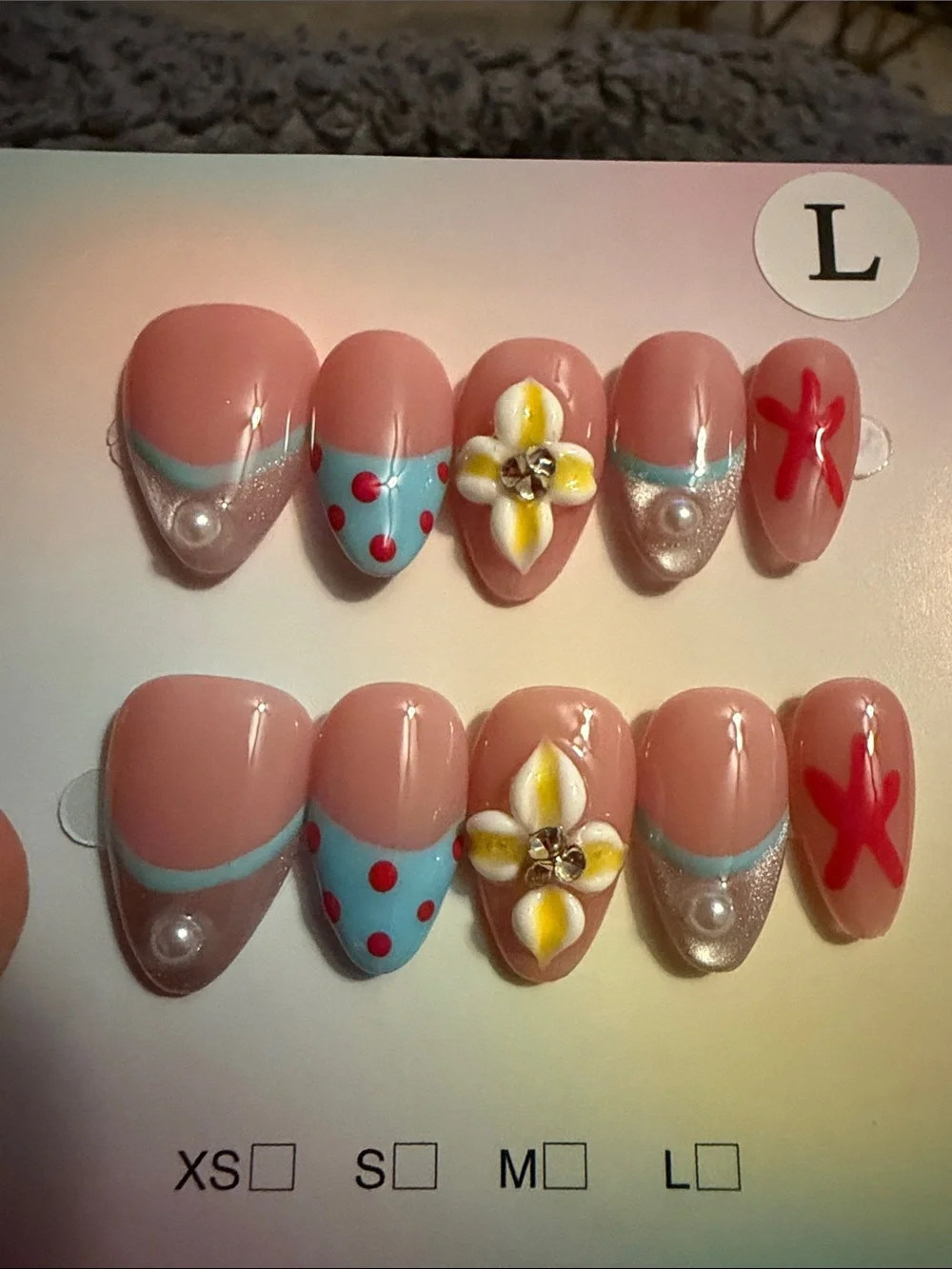Hand-Painted Floral & Polka Dot Press-On Nail Set - Pink & Blue